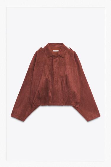 Zara FAUX SUEDE BOMBER JACKET - Burgundy