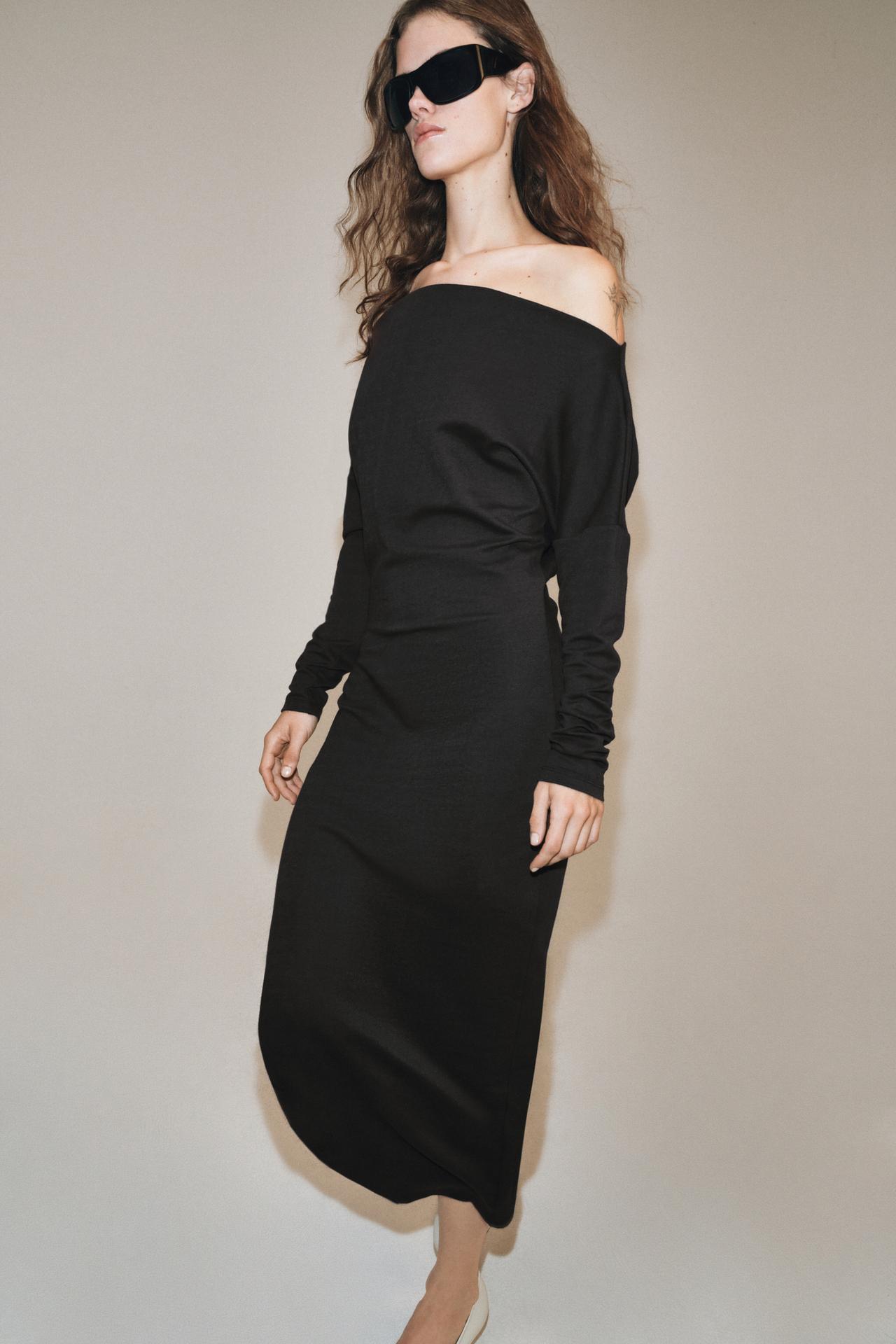 ASYMMETRIC NECKLINE MIDI DRESS — Dark eggplant