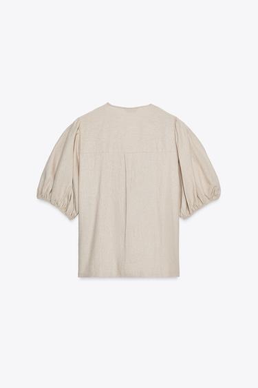 BLOUSE À LACETS AVEC LIN - Beige clair de Zara - Image 4