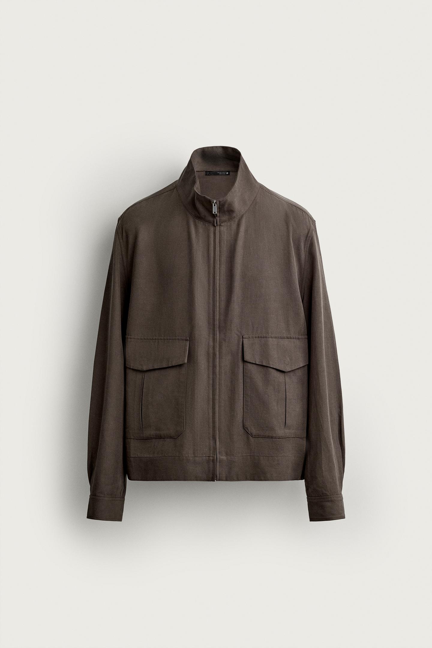 Мужская рубашка-куртка Zara классического кроя, с карманом, цвет: Коричневый — фото 7
