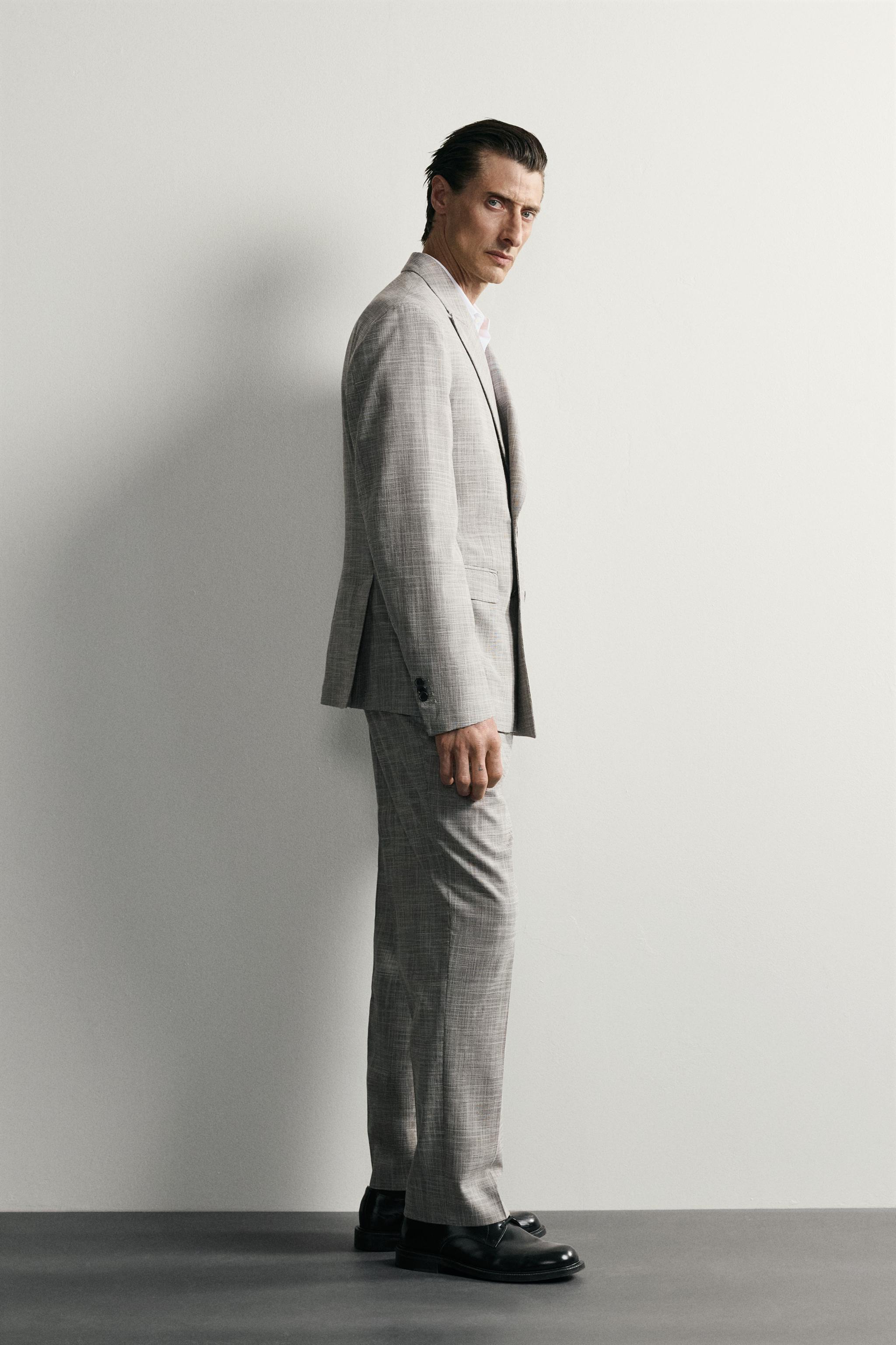 CHECKED WOOL BLEND PLEATED SUIT PANTS