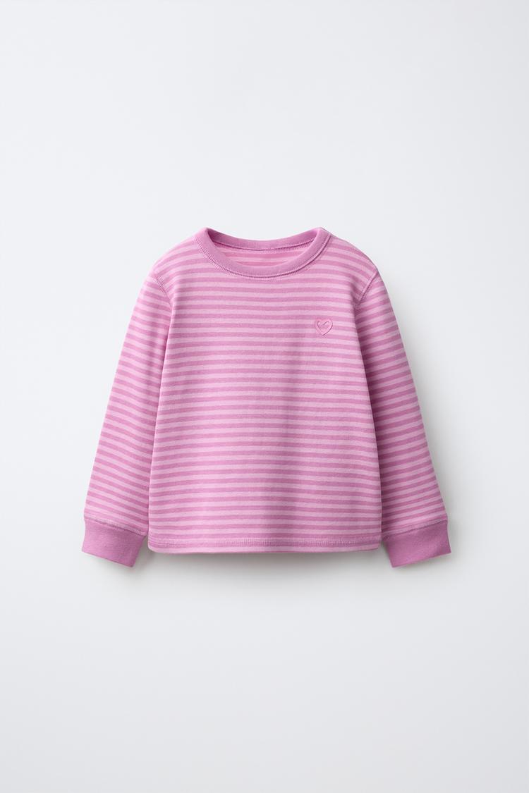 STRIPED EMBROIDERED HEART T-SHIRT — Pink