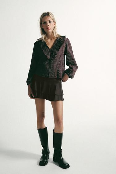 Zara PLAID RUFFLED SHIRT - GARNET