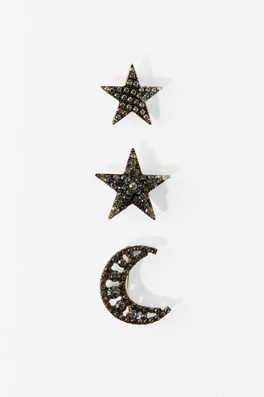 PACK OF 3 STAR AND MOON RHINESTONE BROOCHES - Gold / Silver by Zara