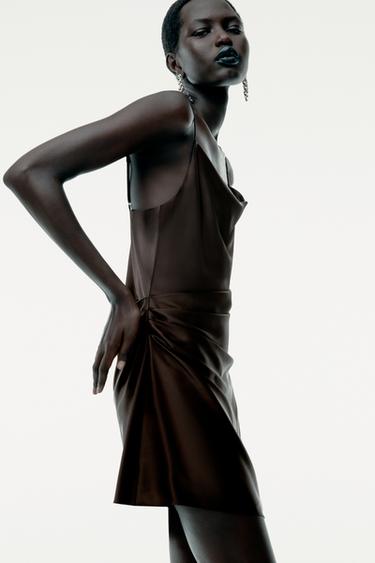 Zara ZW COLLECTION SATIN MINI STRAPPY DRESS - Dark brown