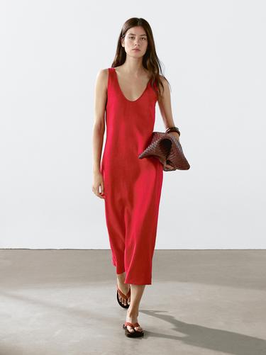 Zara 100% linen round neck midi dress - Red - Image 0