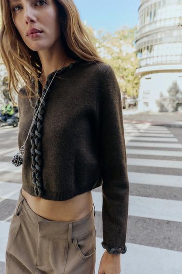CARDIGAN IN MAGLIA CON FINITURE INTRECCIATE - Marrone di Zara