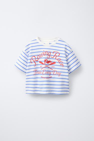 Zara STRIPED NAUTICAL PRINT T-SHIRT - Sky blue