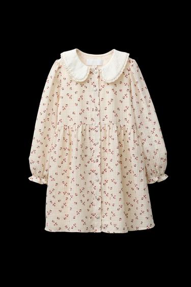 Zara CONTRAST COLLAR FLORAL DRESS - Ecru