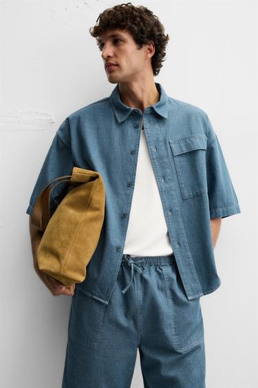 RELAXED FIT DENIM SHIRT - Blue / Green by Zara