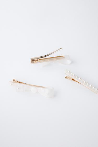 LOT DE TROIS PINCES À CHEVEUX EN NACRE AVEC NOEUDS ET PERLES - Blanc de Zara - Image 2