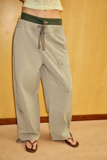 Zara LACE-UP CARGO PANTS - Light khaki