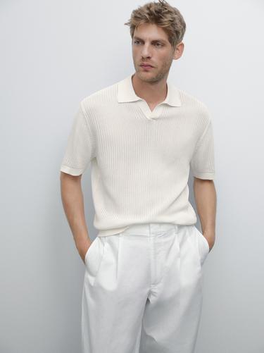 Zara Cutwork V-neck polo shirt - Ecru