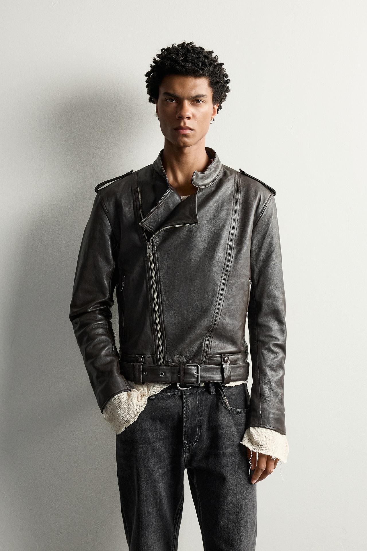 CROPPED FIT LEATHER BIKER JACKET — Chocolate