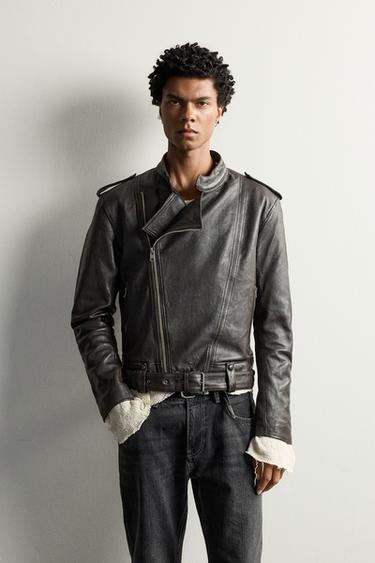 CROPPED FIT LEATHER BIKER JACKET — Chocolate 1