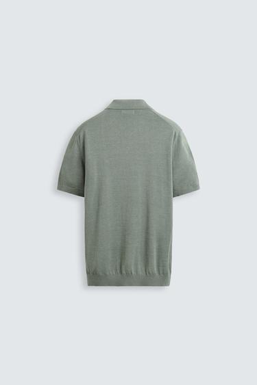 COTTON/SILK KNIT POLO SHIRT - washed green by Zara - Image 7