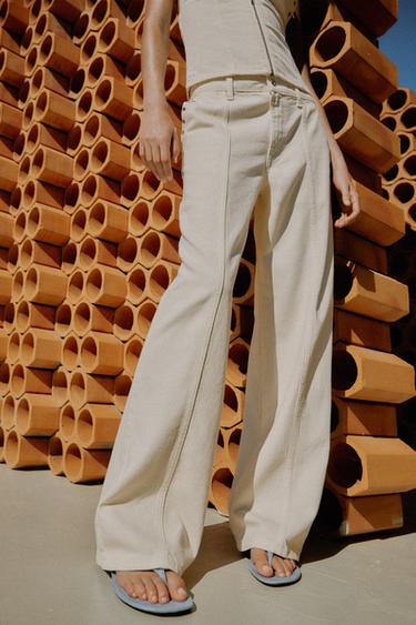 Zara LOW-RISE EYELET STRAIGHT PANTS - Oyster-white