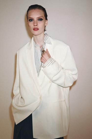 Zara ZW COLLECTION LINEN BLEND DOUBLE BREASTED BLAZER - Ecru