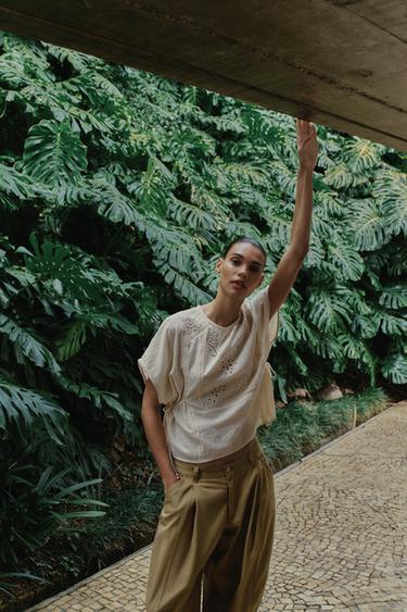 Zara EMBROIDERED TOP WITH SIDE LACING - Ecru