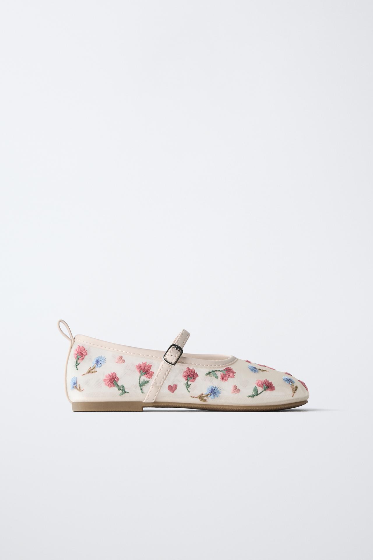 FLORAL EMBROIDERED BALLET FLATS — White