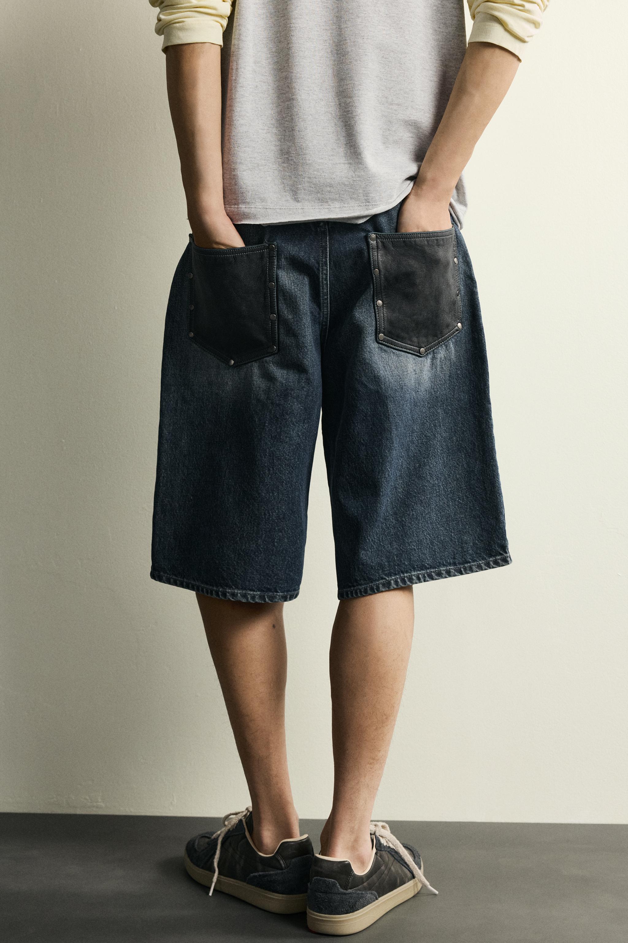 BAGGY FIT DENIM SHORTS WITH LEATHER POCKETS