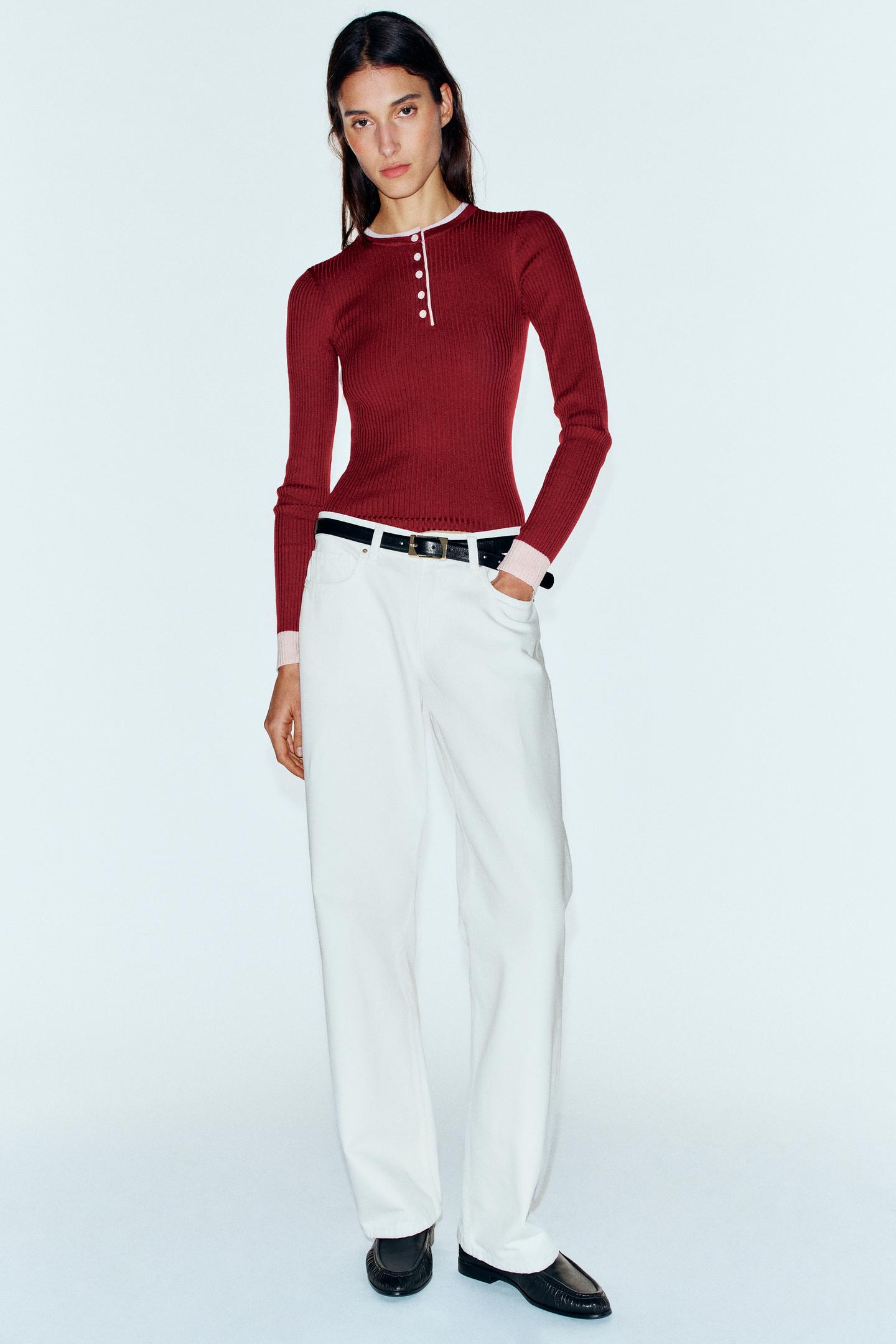 Женский топ Zara Contrast Layered Henley Top, цвет: Тёмно-бордовый — фото 1