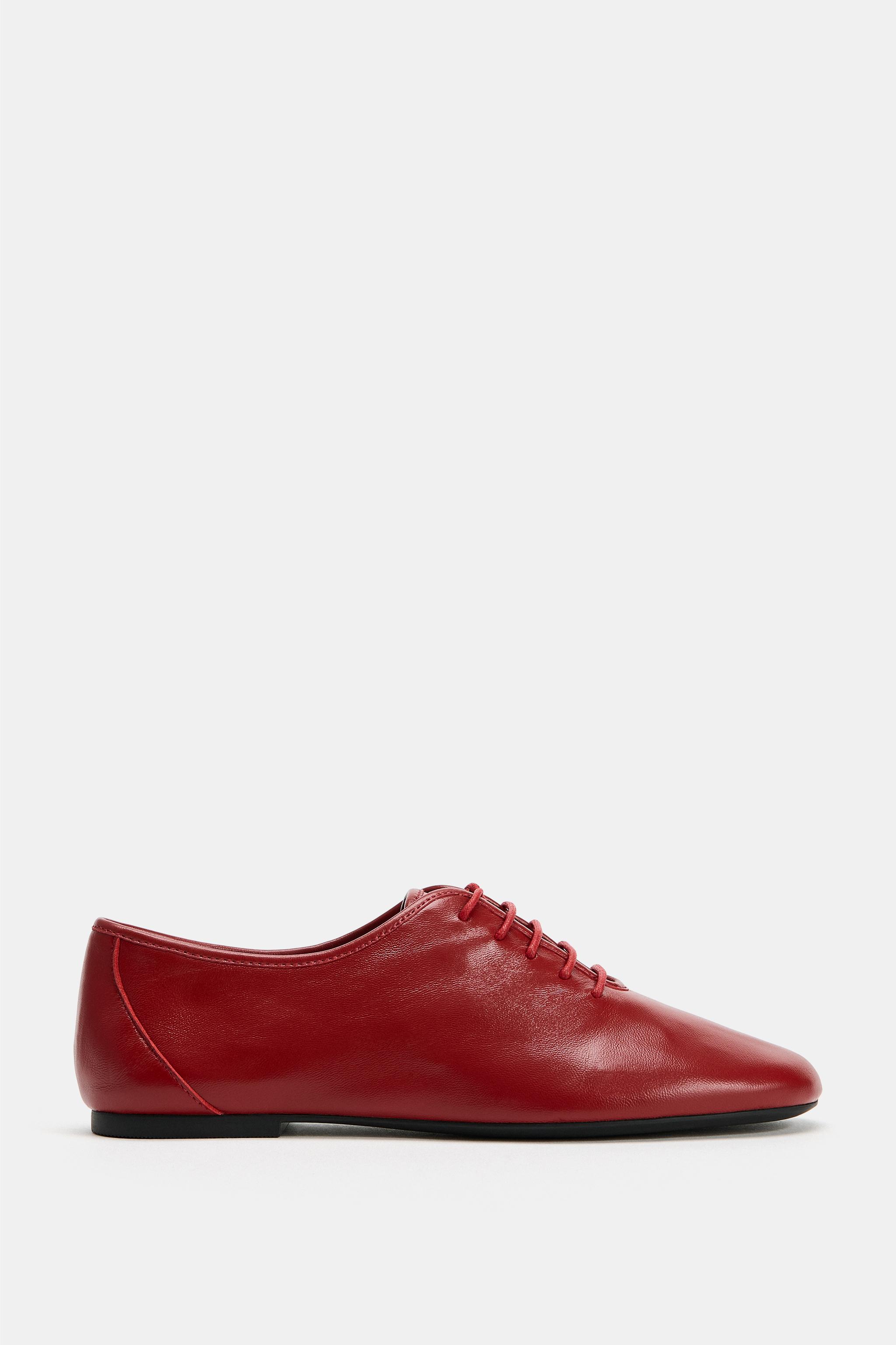LEATHER LACE-UP FLAT SHOES - Red | ZARA Singapore