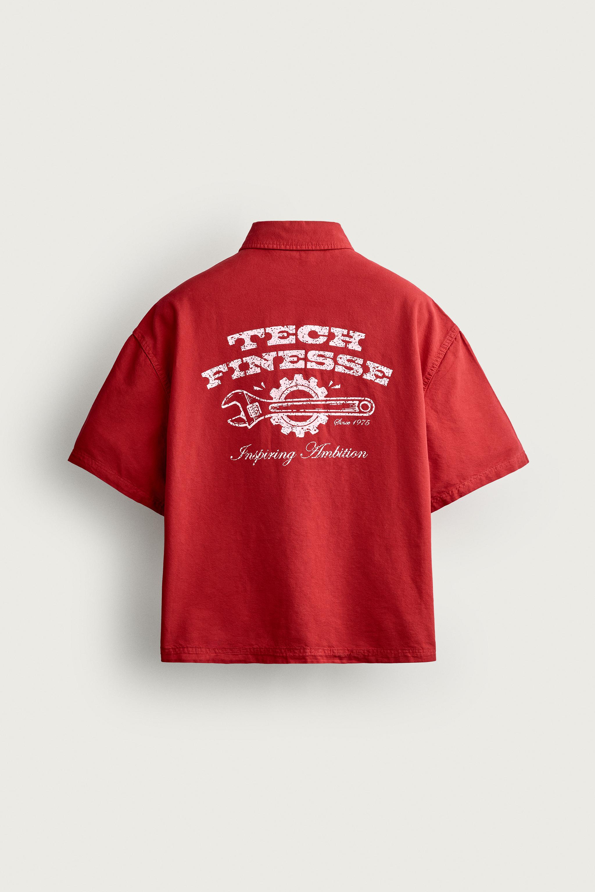 CONTRAST TEXT RELAXED FIT SHIRT — Red