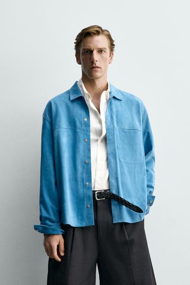 REGULAR FIT SUEDE LEATHER OVERSHIRT - Blue by Zara