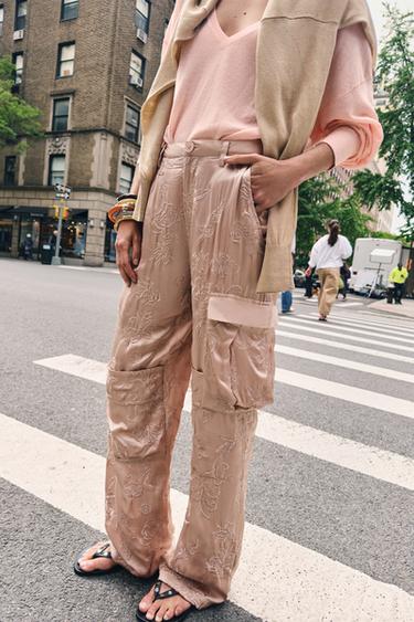 ZW COLLECTION EMBROIDERED CARGO TROUSERS - Pink by Zara