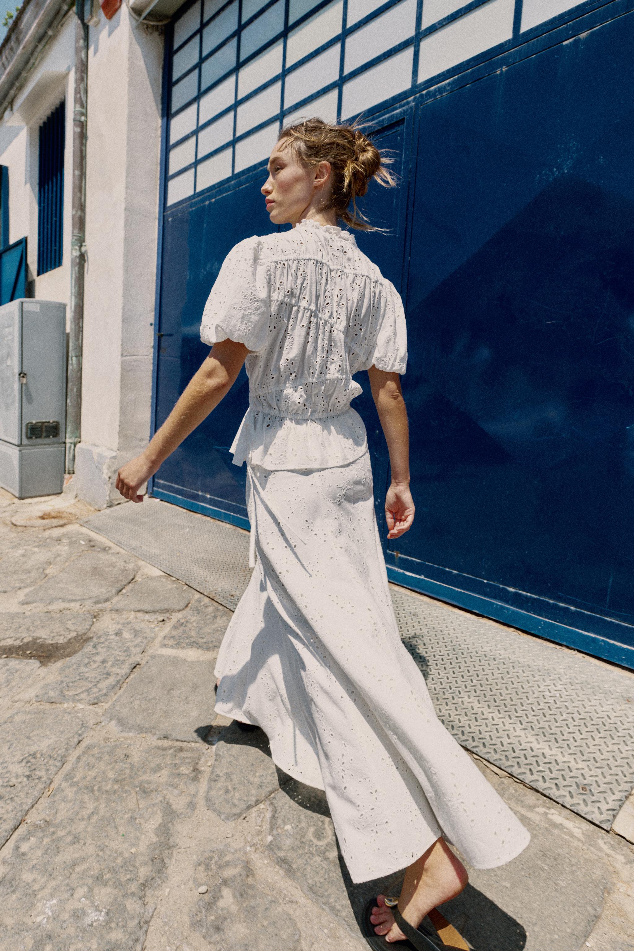 EMBROIDERED EYELET MIDI SKIRT