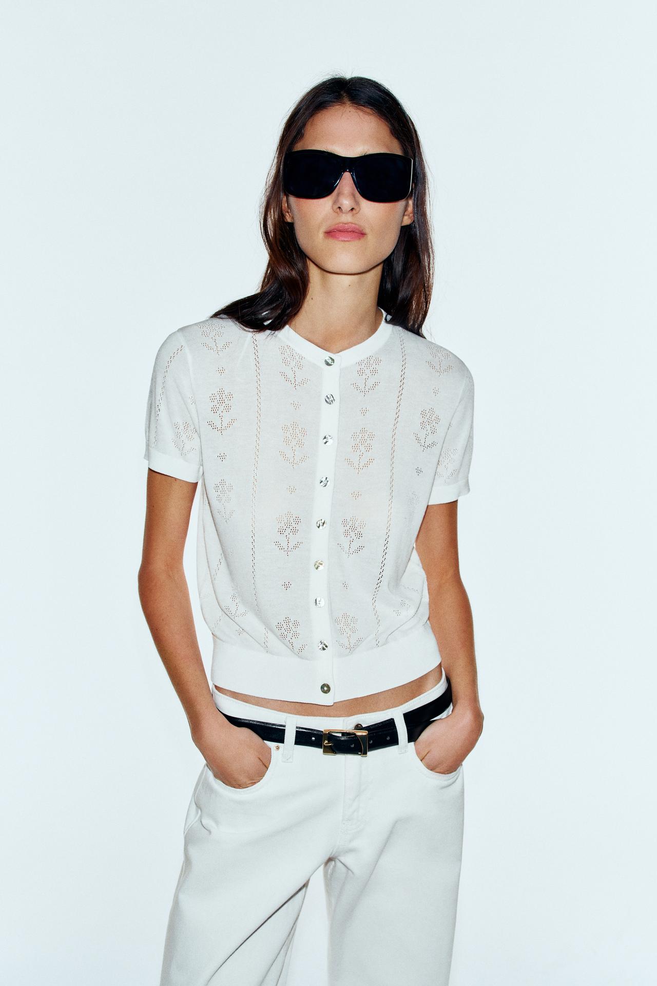 FLORAL SHORT-SLEEVE CARDIGAN — White