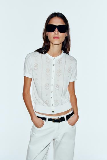 FLORAL SHORT-SLEEVE CARDIGAN — White 2