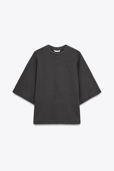 Zara RUSTIC SHORT SLEEVE SWEATSHIRT - Charcoal
