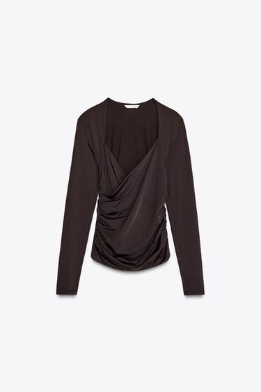 POLYAMIDE DRAPED TOP - Dark brown by Zara