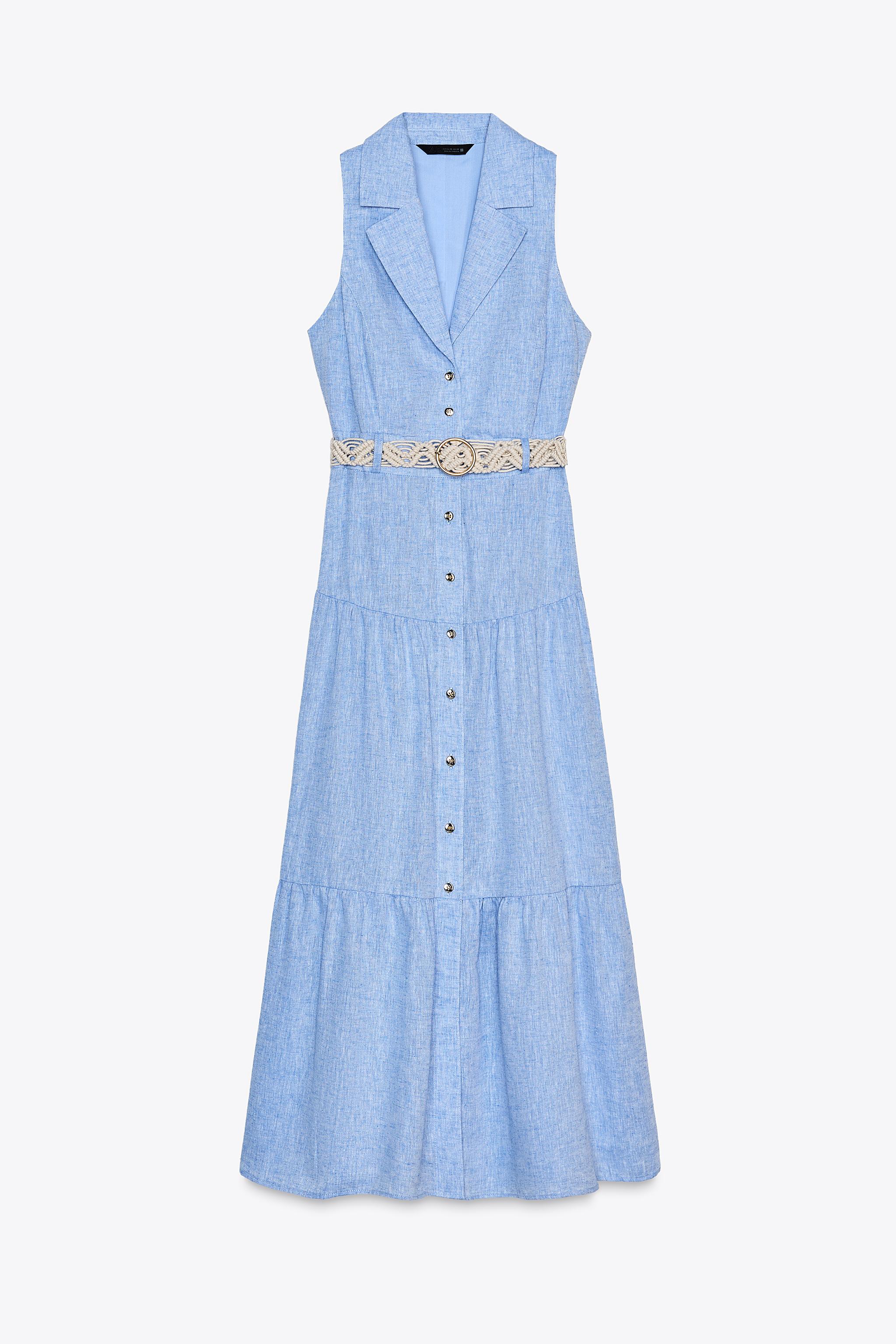 リネン ベルト付きミディ丈ワンピース - ブルー | ZARA Japan / 日本