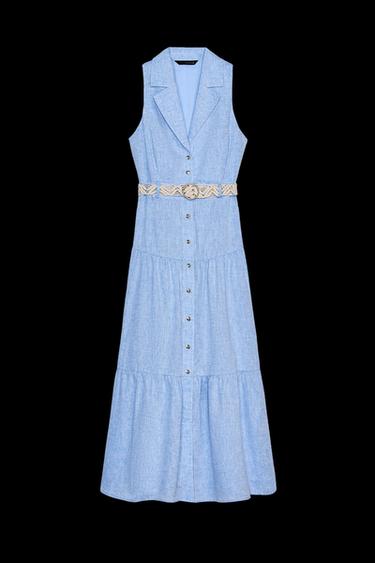 MIDI-KLEID MIT GÜRTEL UND LEINEN - Blau von Zara - Bild 0