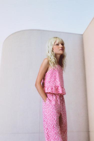 Zara PRINTED LINEN TOP - Pink / White