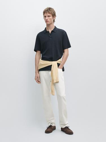Zara Linen and cotton short sleeve polo shirt - Navy blue - Image 0