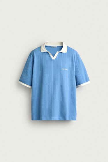 POLO RELAXED FIT STRUCTURE TEXTE BRODÉ - Bleu clair de Zara