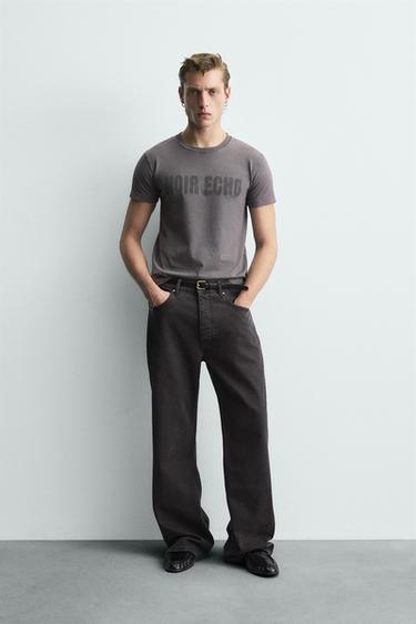 ÁO PHÔNG RỬA PHAI MÀU IN CHỮ - Màu xám/Nâu vàng từ Zara