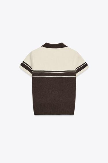 TOP POLO EN MAILLE CÔTELÉE - Marron / Écru de Zara - Image 6