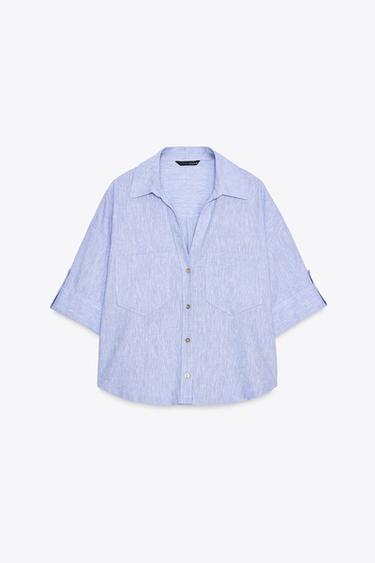 Zara LINEN BLEND CROPPED SHIRT - Light blue