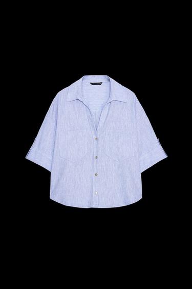 CAMISA CROPPED CON LINO - Azul claro de Zara - Imagen 0