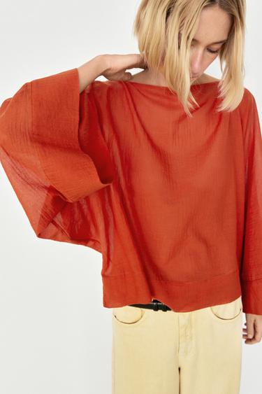 Camisa fluida volumen mangas 100% algodón - Naranja quemado de Zara