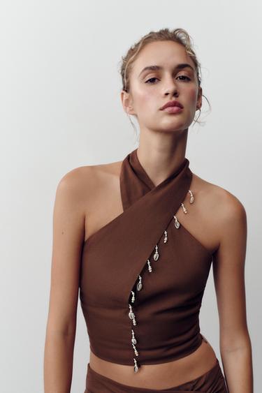 TOP HALTER من الكتان بصدفات - تيراكوتا by Zara