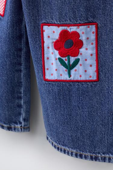 Zara EMBROIDERED FLORAL LONG DENIM OVERALLS - Blue