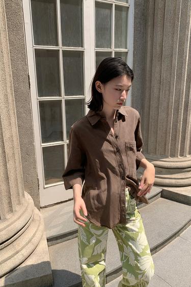 Zara Z1975 系列高腰直筒加長版牛仔褲 - 淡米黃色/卡其色