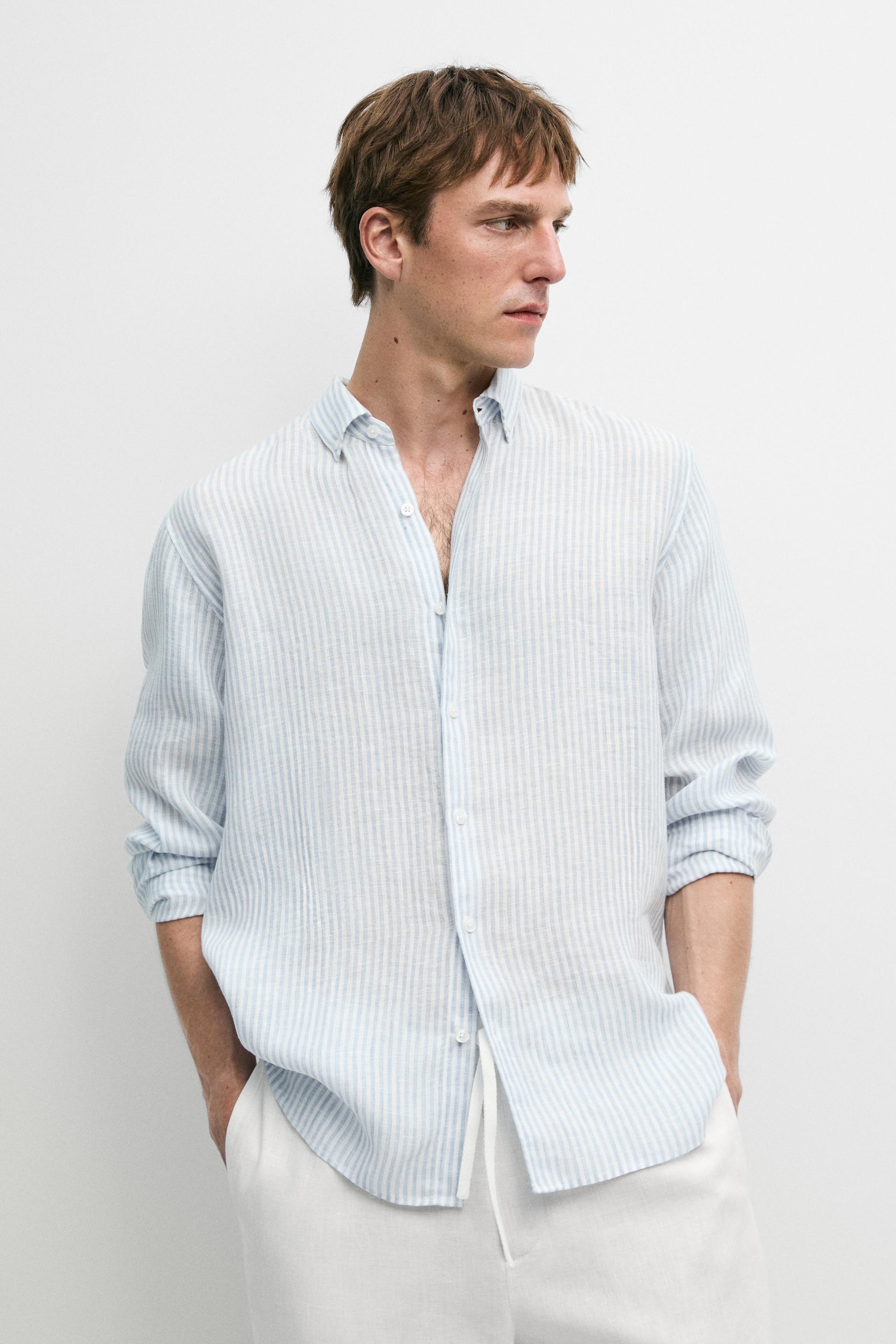 100% linen regular fit striped shirt — Green stripe