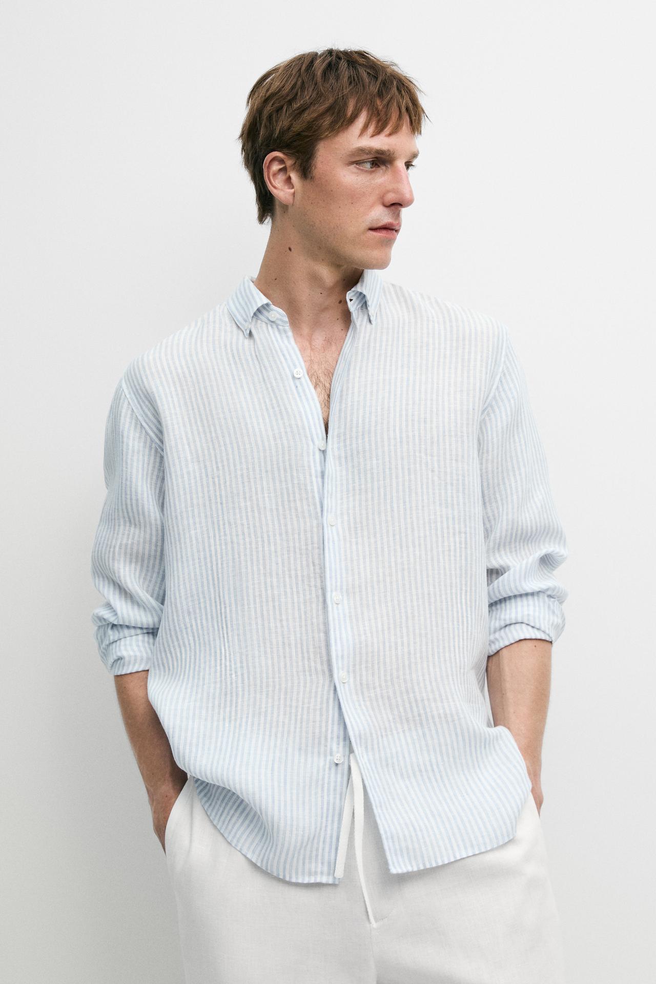 100% linen regular fit striped shirt — Green stripe